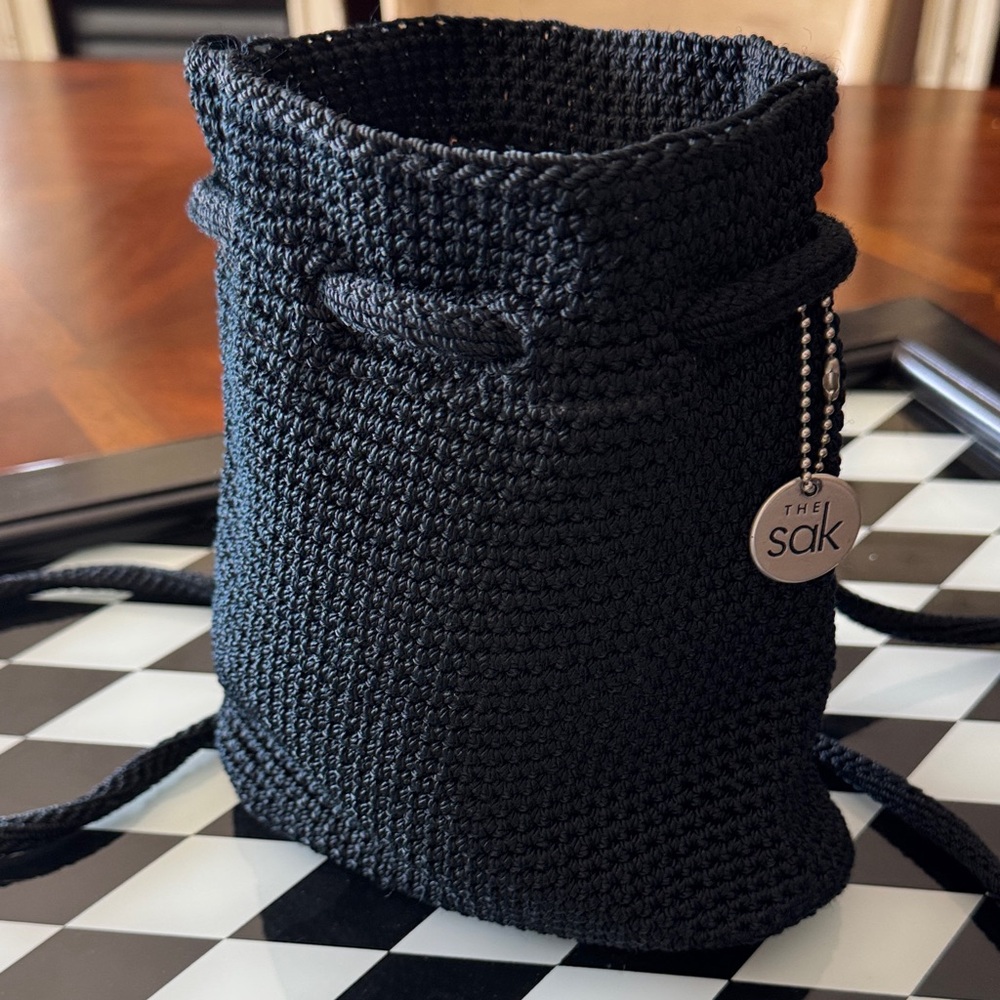 The Sak Black Crochet Drawstring Crossbody Bag